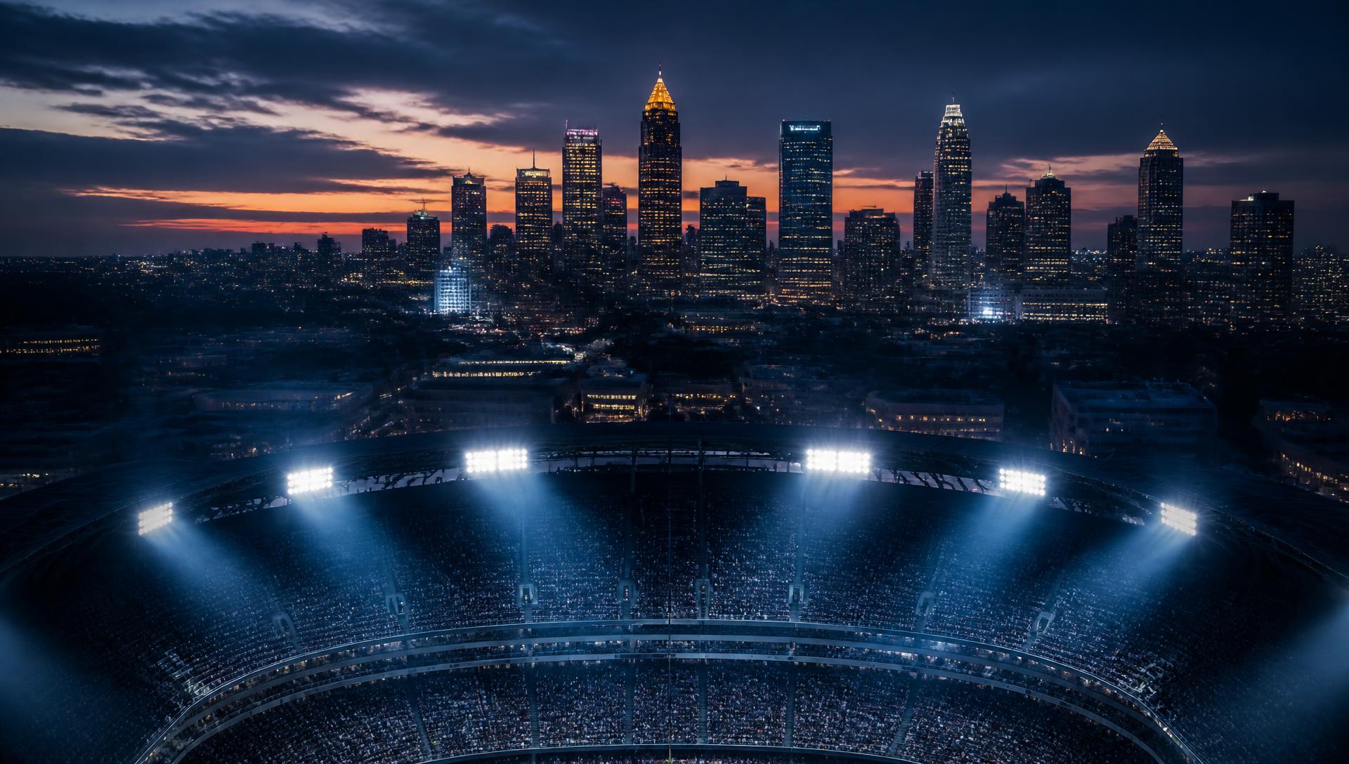 Atlanta skyline behind a floodlit stadium at dusk